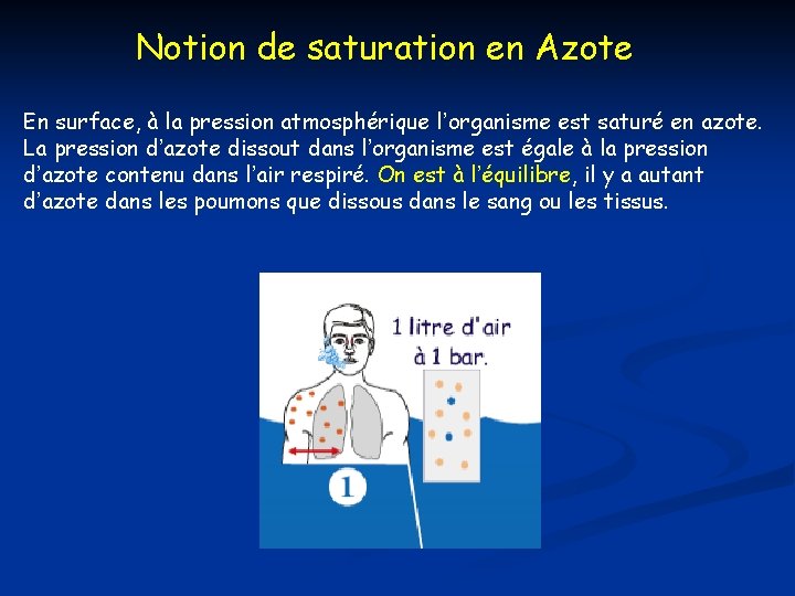 Notion de saturation en Azote En surface, à la pression atmosphérique l’organisme est saturé Notion de saturation en Azote En surface, à la pression atmosphérique l’organisme est saturé