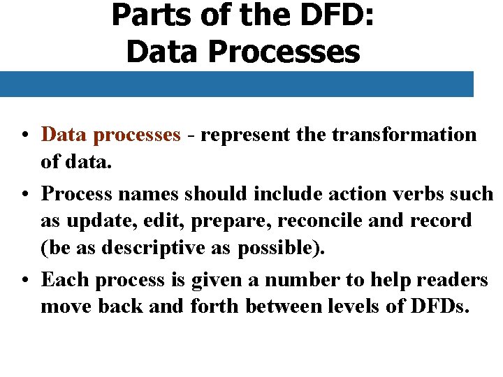 Parts of the DFD: Data Processes • Data processes - represent the transformation of