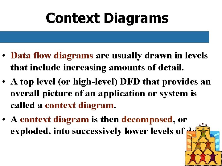 Context Diagrams • Data flow diagrams are usually drawn in levels that include increasing