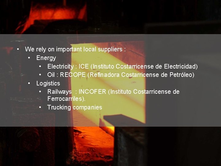  • We rely on important local suppliers : • Energy • Electricity :
