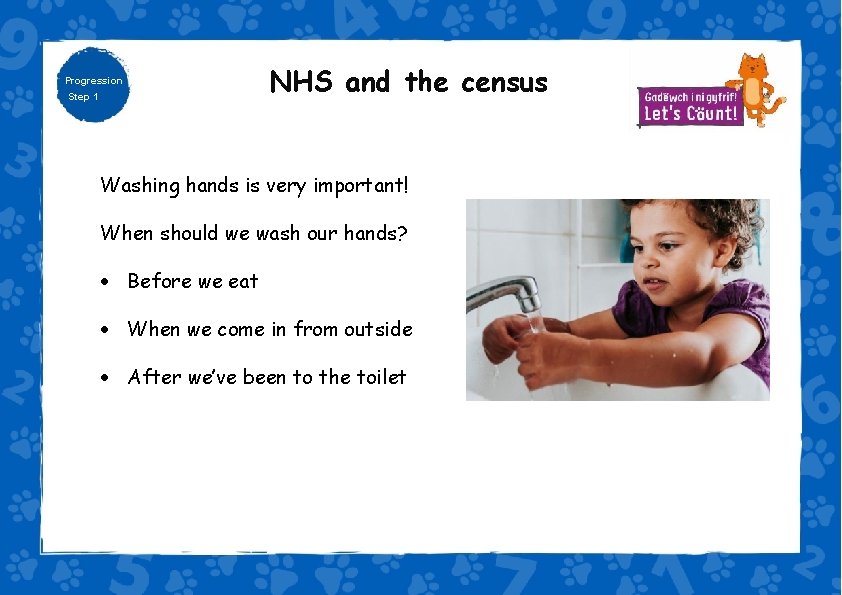 Progression Step 1 NHS and the census Washing hands is very important! When should