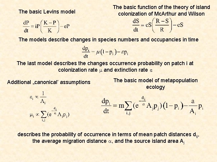 The basic Levins model The basic function of theory of island colonization of Mc.