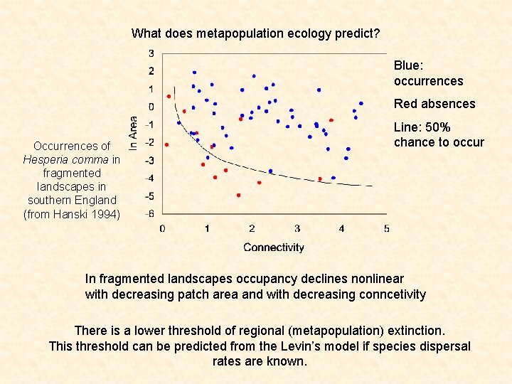 What does metapopulation ecology predict? Blue: occurrences Red absences Occurrences of Hesperia comma in