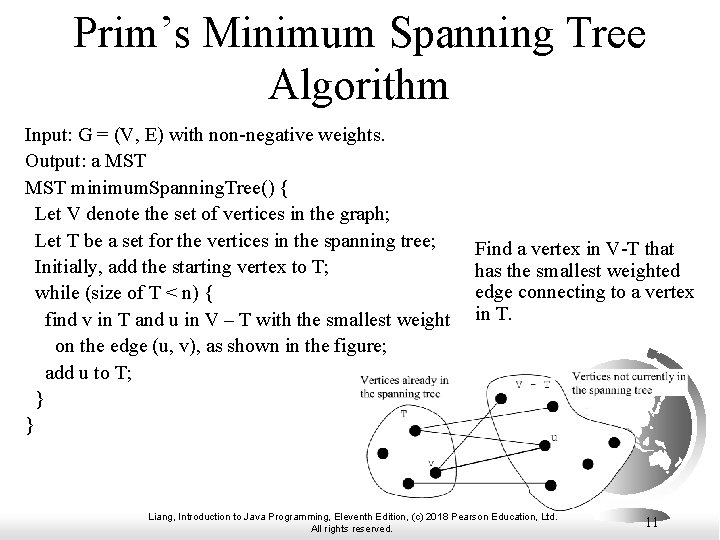 Prim’s Minimum Spanning Tree Algorithm Input: G = (V, E) with non-negative weights. Output: