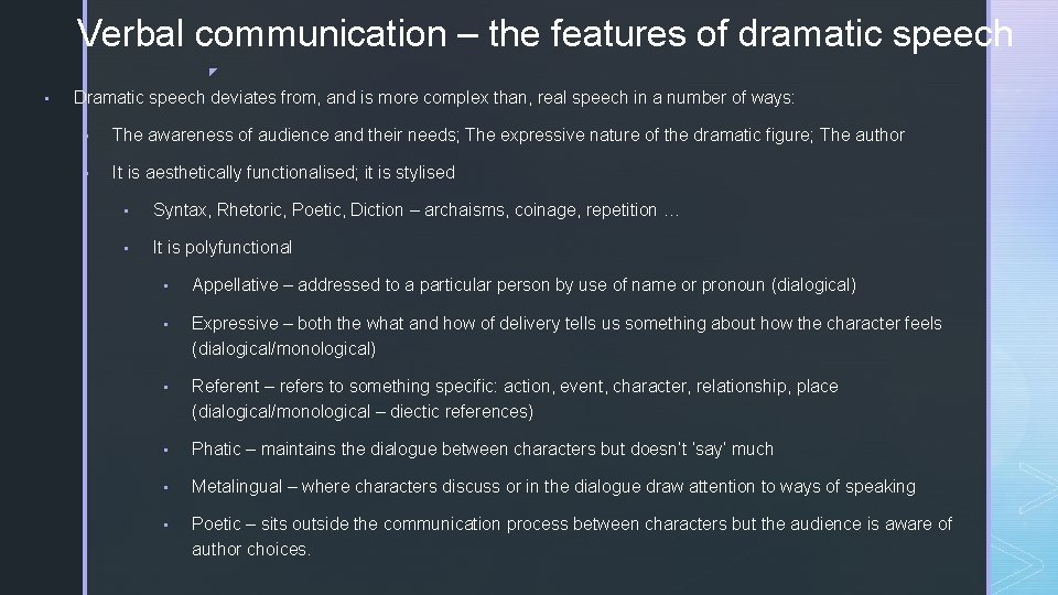 Verbal communication – the features of dramatic speech ◤ ▪ Dramatic speech deviates from,