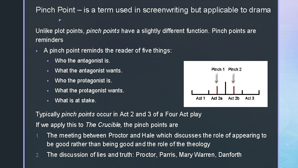 Pinch Point – is a term used in screenwriting but applicable to drama ◤