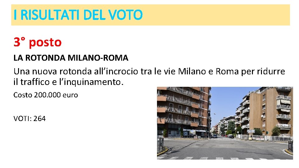 I RISULTATI DEL VOTO 3° posto LA ROTONDA MILANO-ROMA Una nuova rotonda all’incrocio tra