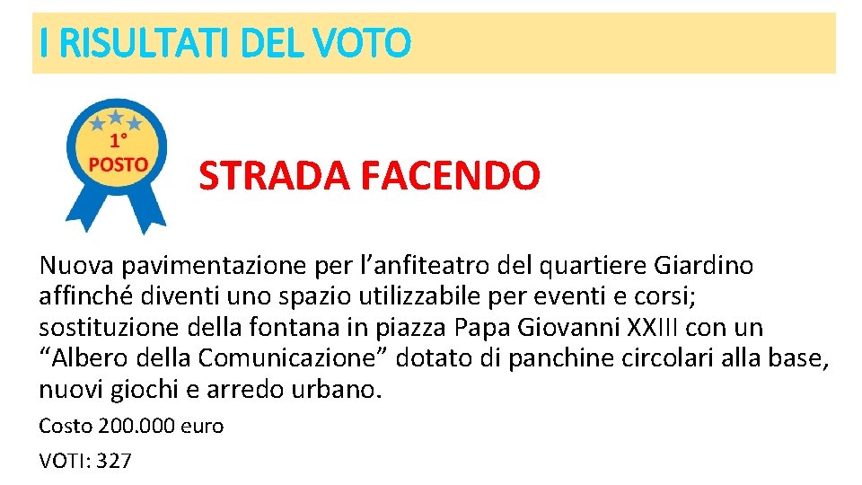 I RISULTATI DEL VOTO 1° posto STRADA FACENDO Nuova pavimentazione per l’anfiteatro del quartiere