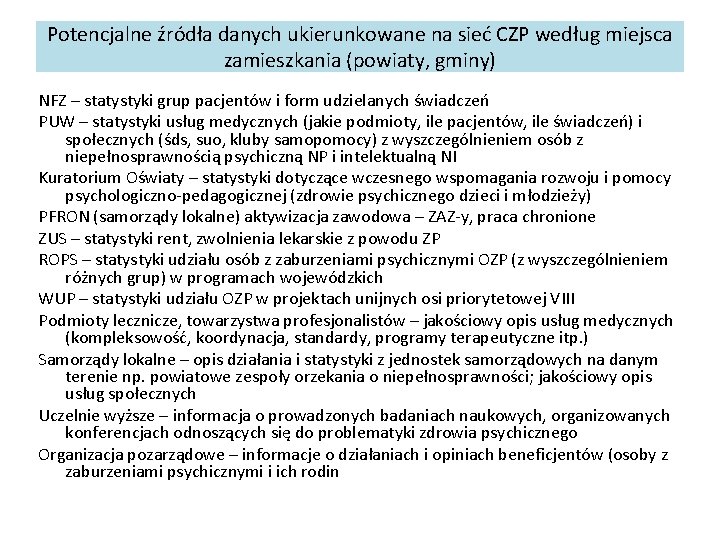 Potencjalne źródła danych ukierunkowane na sieć CZP według miejsca zamieszkania (powiaty, gminy) NFZ –