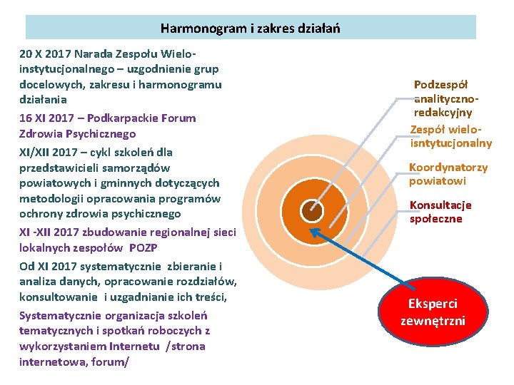 Harmonogram i zakres działań 20 X 2017 Narada Zespołu Wieloinstytucjonalnego – uzgodnienie grup docelowych,