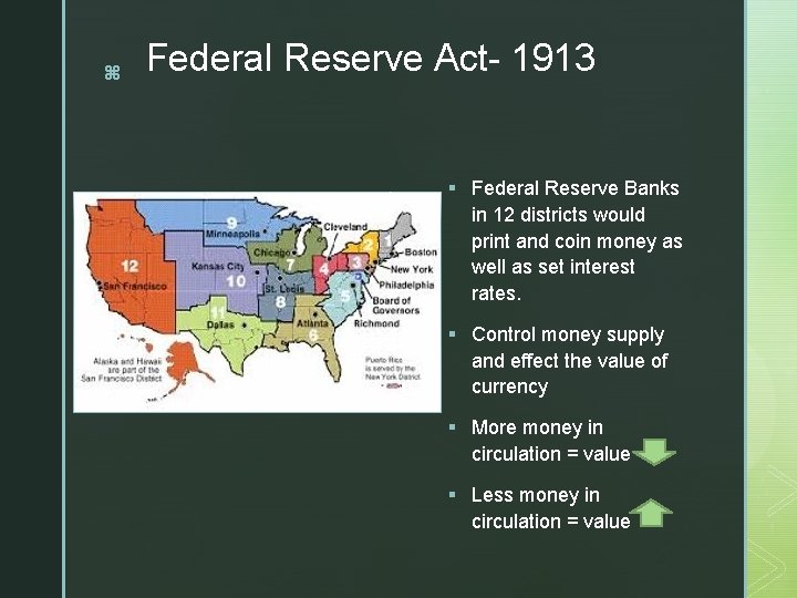 z Federal Reserve Act- 1913 z z § Federal Reserve Banks in 12 districts