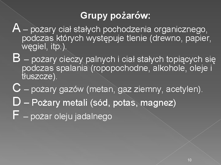 Grupy pożarów: A – pożary ciał stałych pochodzenia organicznego, podczas których występuje tlenie (drewno,