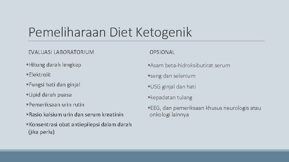 Pemeliharaan Diet Ketogenik EVALUASI LABORATORIUM OPSIONAL §Hitung darah lengkap §Asam beta-hidroksibutirat serum §Elektrolit §seng