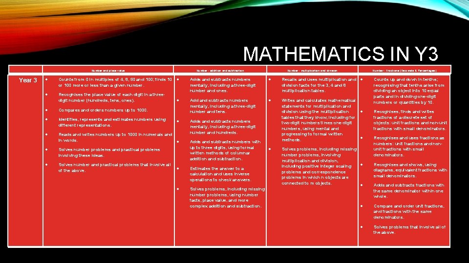 MATHEMATICS IN Y 3 Number and place value Year 3 Counts from 0 in