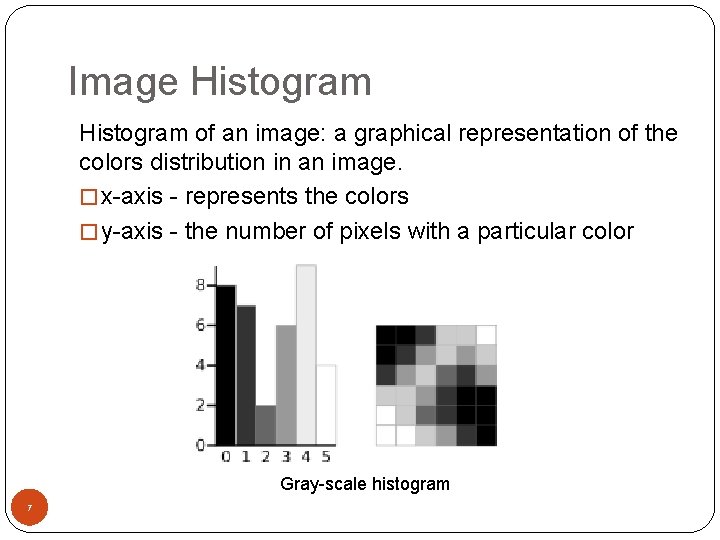 Image Histogram of an image: a graphical representation of the colors distribution in an