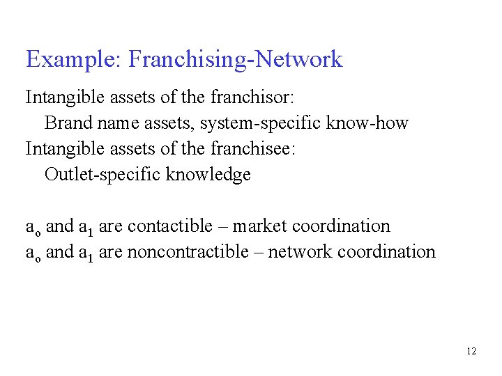 Example: Franchising-Network Intangible assets of the franchisor: Brand name assets, system-specific know-how Intangible assets