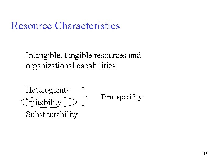 Resource Characteristics Intangible, tangible resources and organizational capabilities Heterogenity Imitability Substitutability Firm specifity 14