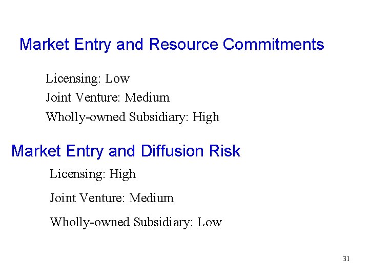 Market Entry and Resource Commitments Licensing: Low Joint Venture: Medium Wholly-owned Subsidiary: High Market