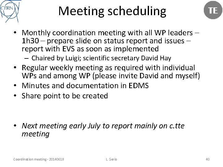 Meeting scheduling • Monthly coordination meeting with all WP leaders – 1 h 30