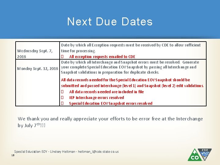 Next Due Dates Date by which all Exception requests must be received by CDE