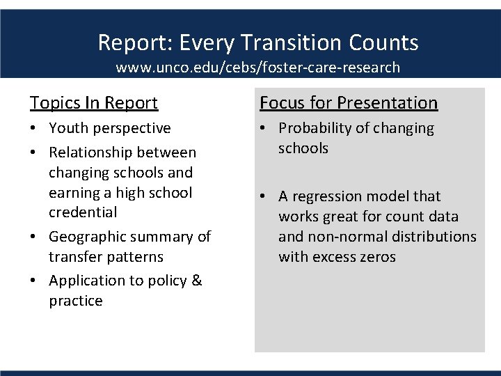 Educational Stability Report: Every Transition Counts www. unco. edu/cebs/foster-care-research Topics In Report Focus for