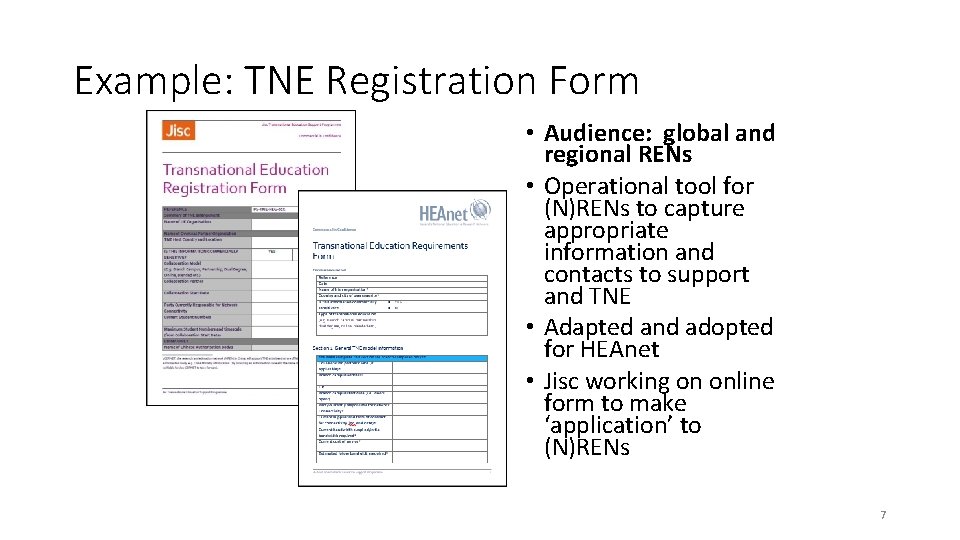 Example: TNE Registration Form • Audience: global and regional RENs • Operational tool for