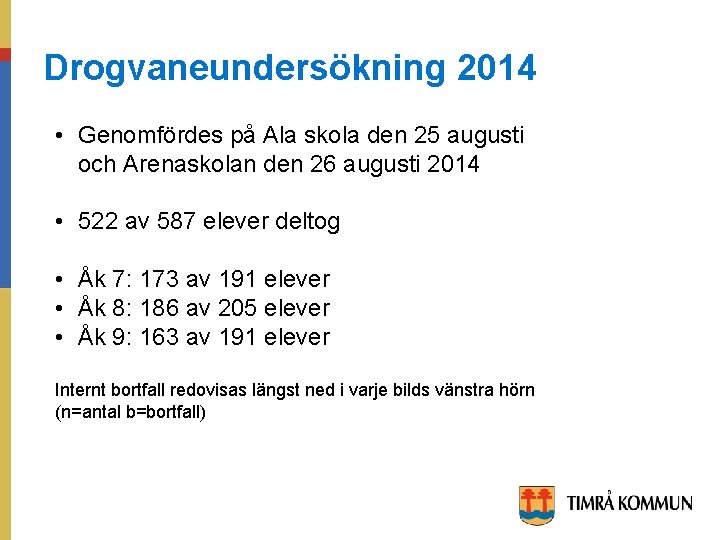 Drogvaneundersökning 2014 • Genomfördes på Ala skola den 25 augusti och Arenaskolan den 26