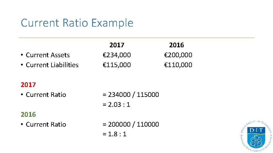 Current Ratio Example • Current Assets • Current Liabilities 2017 • Current Ratio 2016