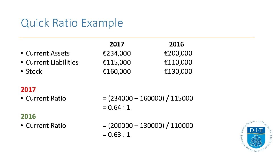 Quick Ratio Example • Current Assets • Current Liabilities • Stock 2017 • Current