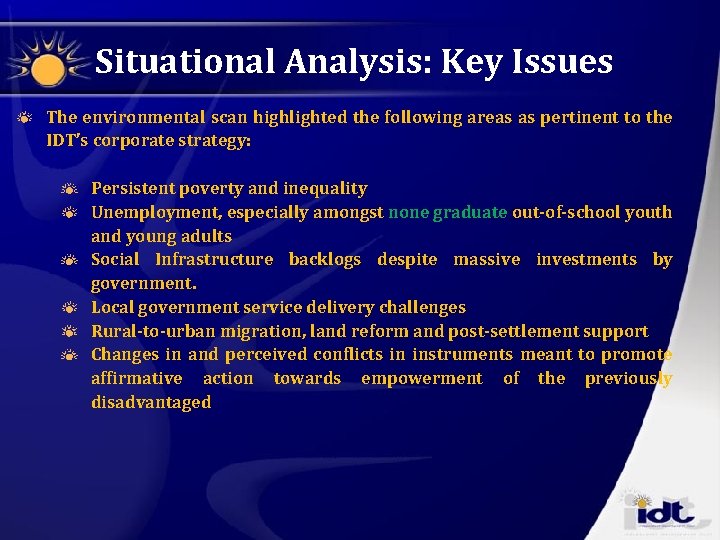 Situational Analysis: Key Issues The environmental scan highlighted the following areas as pertinent to