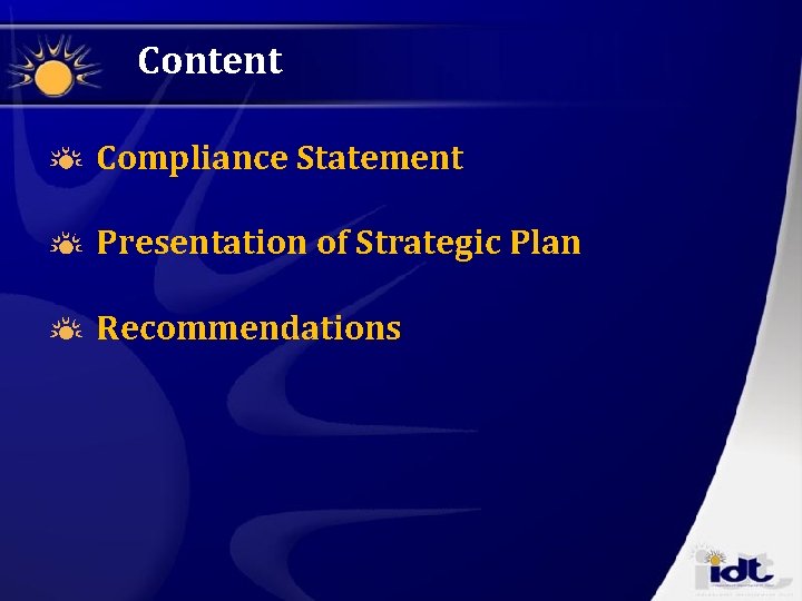 Content Compliance Statement Presentation of Strategic Plan Recommendations 
