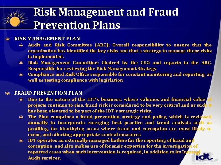 Risk Management and Fraud Prevention Plans RISK MANAGEMENT PLAN Audit and Risk Committee (ARC):