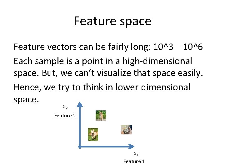 Feature space Feature vectors can be fairly long: 10^3 – 10^6 Each sample is