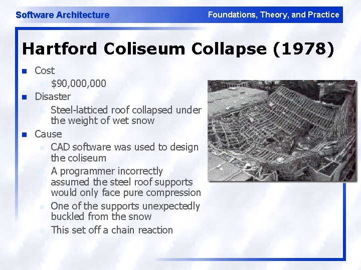 Software Architecture Foundations, Theory, and Practice Hartford Coliseum Collapse (1978) n n n Cost