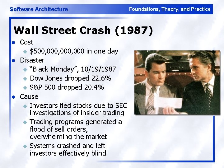 Software Architecture Foundations, Theory, and Practice Wall Street Crash (1987) l l l Cost