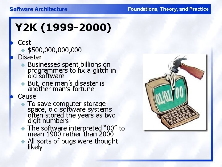 Software Architecture Y 2 K (1999 -2000) l l l Cost u $500, 000,