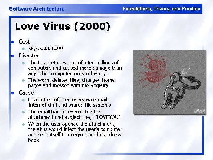 Software Architecture Love Virus (2000) l Cost u l Disaster u u l $8,