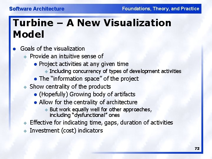 Software Architecture Foundations, Theory, and Practice Turbine – A New Visualization Model l Goals