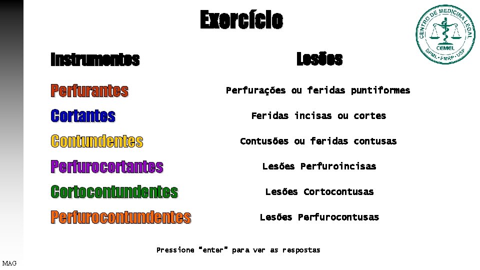 Exercício Lesões Instrumentos Perfurantes Perfurações ou feridas puntiformes Cortantes Feridas incisas ou cortes Contundentes