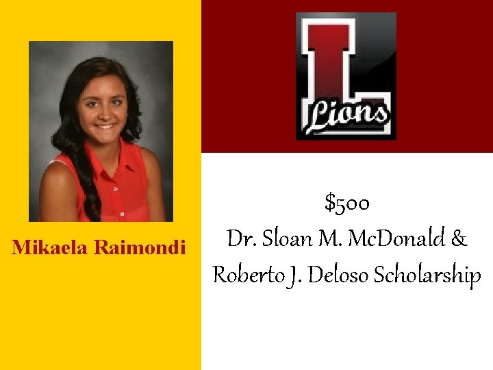 Mikaela Raimondi $500 Dr. Sloan M. Mc. Donald & Roberto J. Deloso Scholarship 