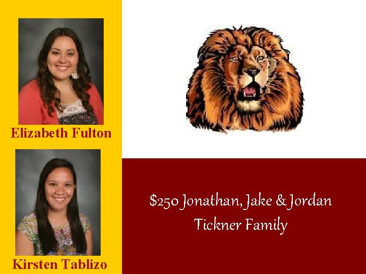 Elizabeth Fulton $250 Jonathan, Jake & Jordan Tickner Family Kirsten Tablizo 