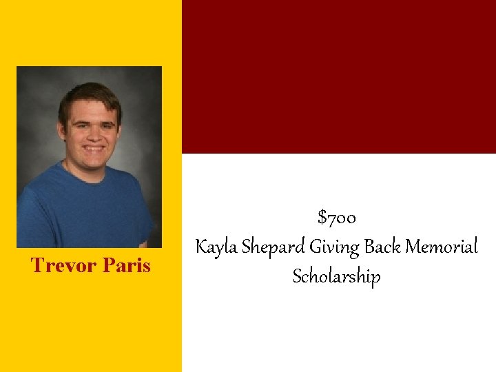 Trevor Paris $700 Kayla Shepard Giving Back Memorial Scholarship 