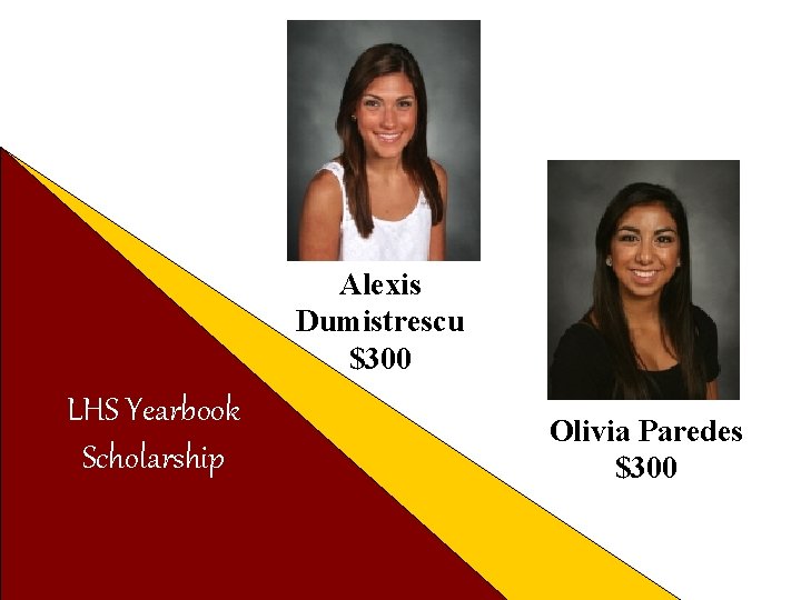 Alexis Dumistrescu $300 LHS Yearbook Scholarship Olivia Paredes $300 