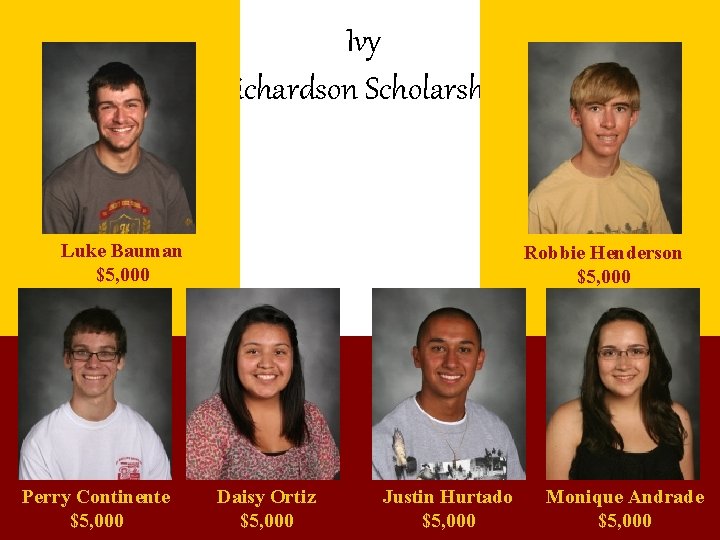 Ivy Richardson Scholarship Luke Bauman $5, 000 Perry Continente $5, 000 Robbie Henderson $5,