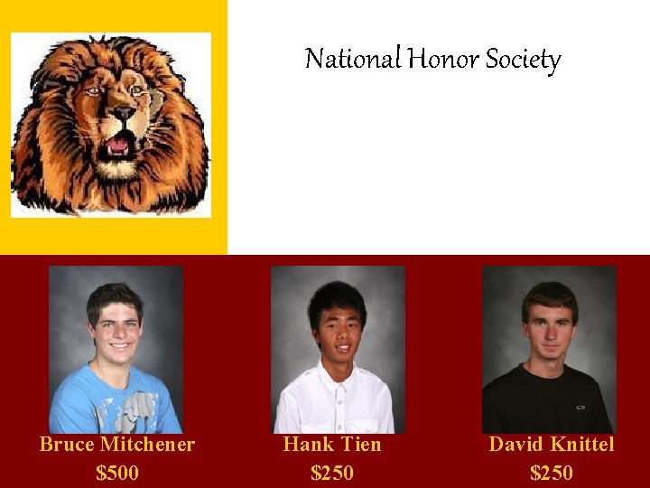 National Honor Society Bruce Mitchener $500 Hank Tien $250 David Knittel $250 