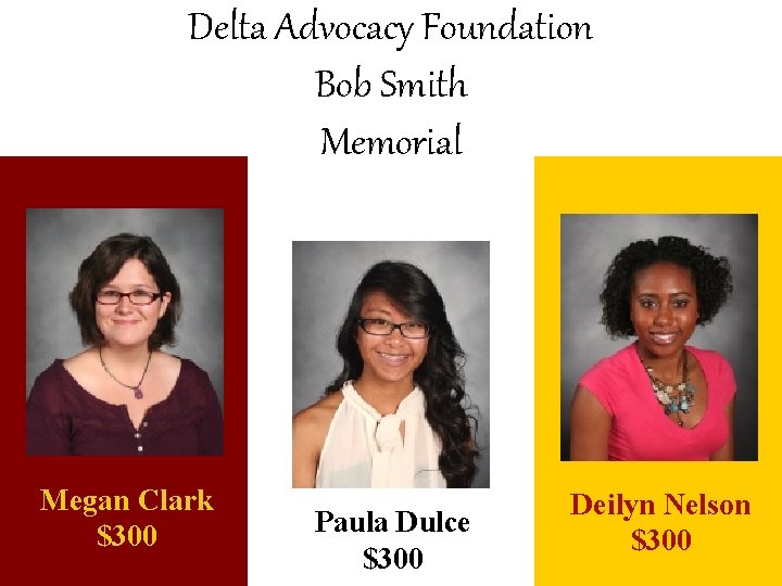 Delta Advocacy Foundation Bob Smith Memorial Megan Clark $300 Paula Dulce $300 Deilyn Nelson