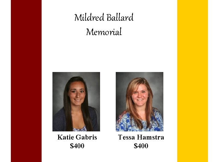 Mildred Ballard Memorial Katie Gabris $400 Tessa Hamstra $400 