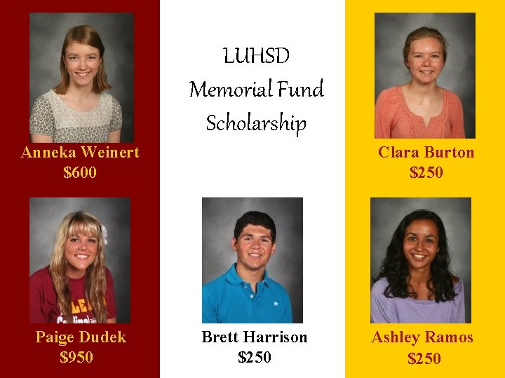 LUHSD Memorial Fund Scholarship Anneka Weinert $600 Paige Dudek $950 Clara Burton $250 Brett