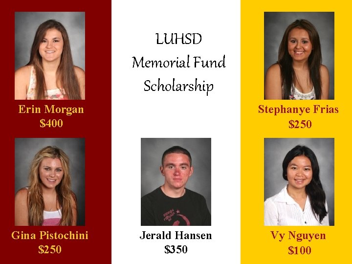 LUHSD Memorial Fund Scholarship Erin Morgan $400 Gina Pistochini $250 Stephanye Frias $250 Jerald