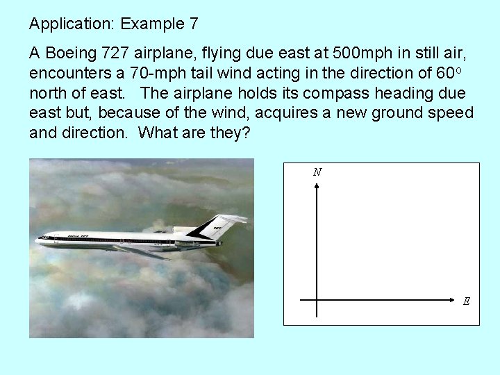 Application: Example 7 A Boeing 727 airplane, flying due east at 500 mph in